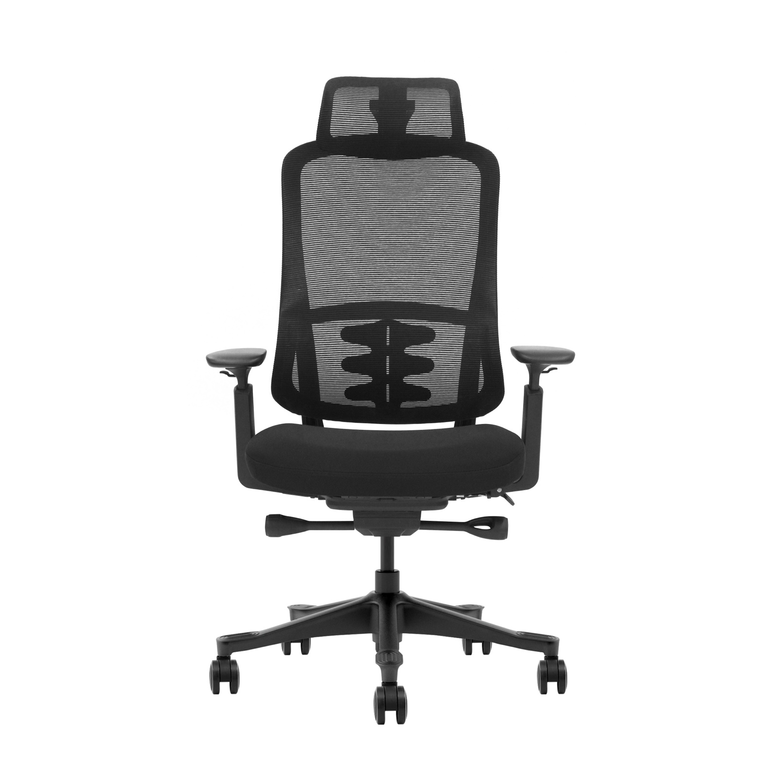 Black mesh office chair on a white background
